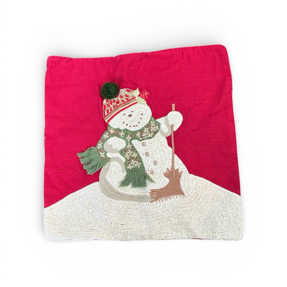 Pottery Barn Festive Red Melting Snowman Crewel Embroidered Pillow Cover 18x18